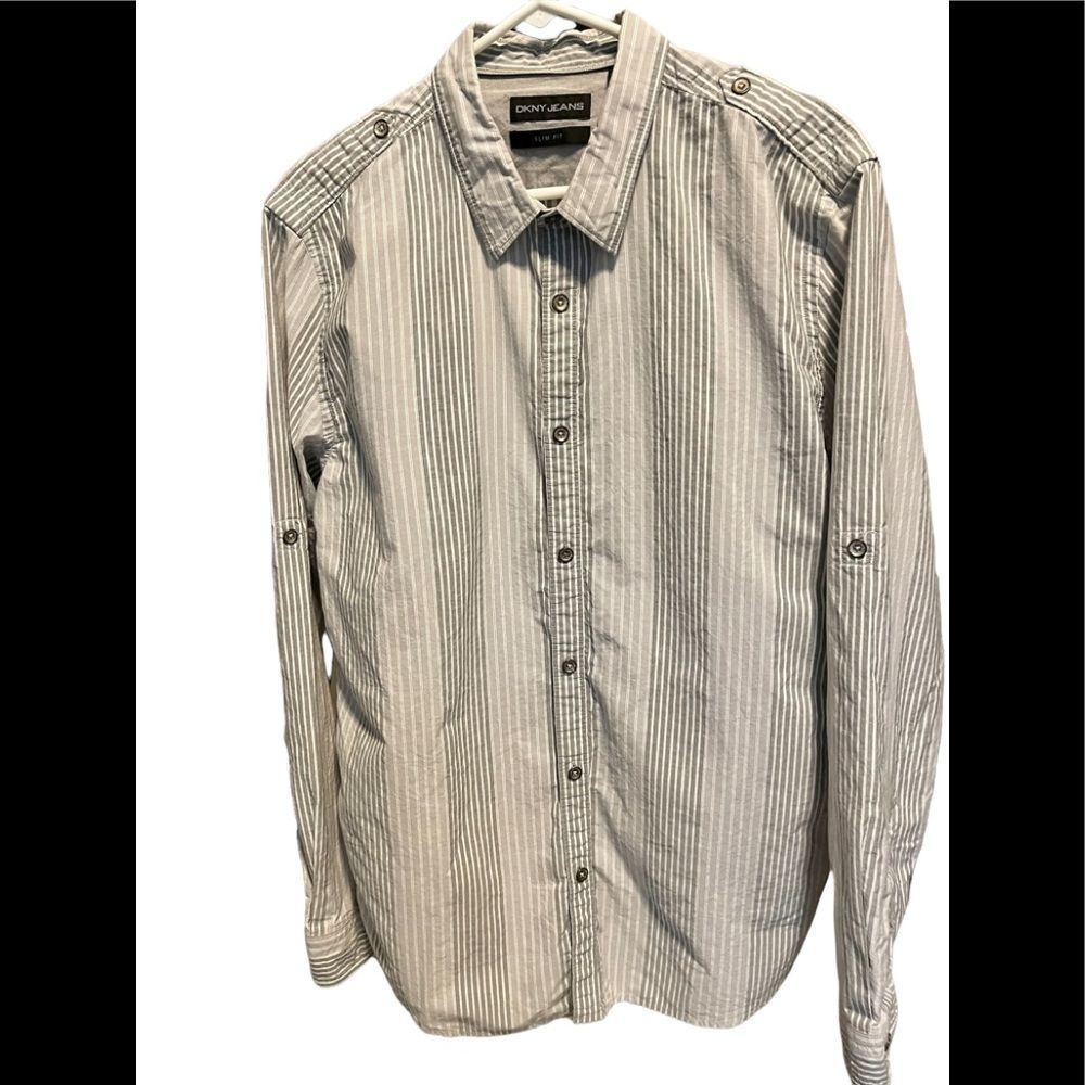 DKNY jeans, long sleeve ,slim fit ,size large. Gray